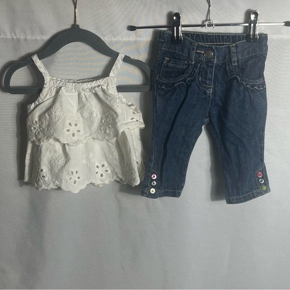 Gymboree Baby Girl 2pc Outfit Set 3-6M White Eyelet Top & Jeans Cat Patches - Picture 1 of 10